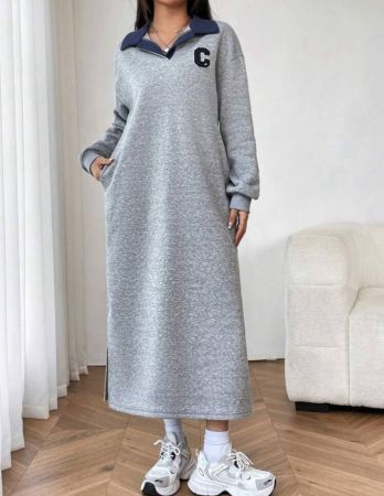 SHEIN EZwear فستان قميص ثقيل تفاصيل مرقع بعبارة بعنق بولو منخفض الاكتاف بحافة شق