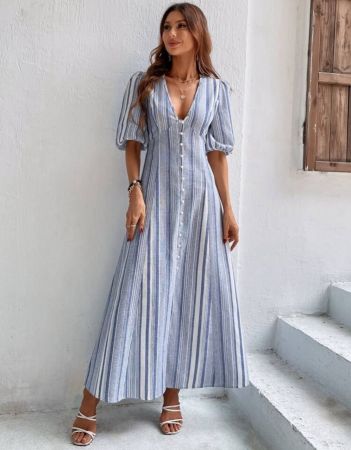Breezaya فستان ماكسي مخطط بأكمام منتفخة وأزرار للخروج للشاطئ والعطلات للنساء