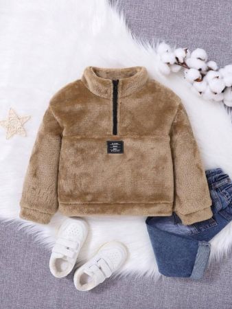 سويت شيرت شي إن للأولاد الصغار بنصف سحاب وتفاصيل مرقعة وتفاصيل حروف