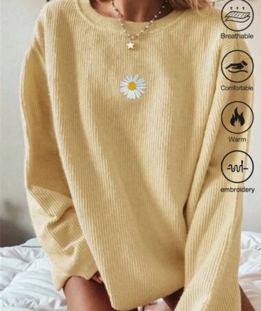 INAWLY بلوزة نسائية طويلة الأكمام ذات نمط عمودي مطبوع بالأقحوان الأصفر، مصنوعة من قماش المحارم المنسوج ذو لمعة، تيشيرت نسائي ربيعي