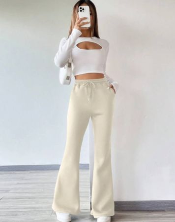 Flirla بناطيل رياضي رباط خصر ساق واسع من الاسفل