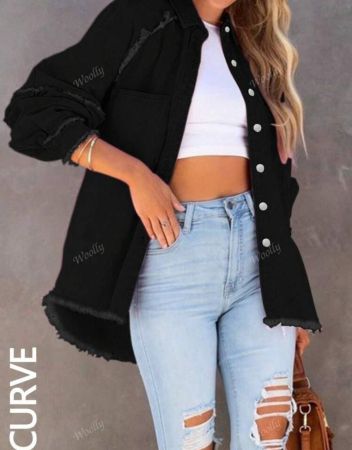 معطف جينز أنيق بأكمام طويلة وتصميم فضفاض مناسب للمرأة ذات الحجم الكبير، مع حافة مبهرة، مناسب للخريف والشتاء