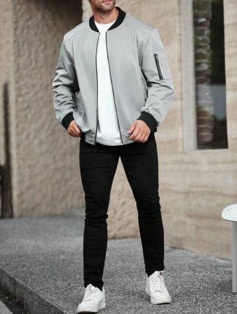 Manfinity Homme جاكيت أساسية باللونين مع سحاب أمامي للرجال من المقاسات الكبيرة