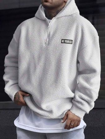 Manfinity Homme بلوزة رياضية كاجوال فضفاضة مبطنة بالفليس مع عنصر رقعة، بلوزة رياضية نصف سحاب للرجال، بلوزة رياضية ربع سحاب للرجال