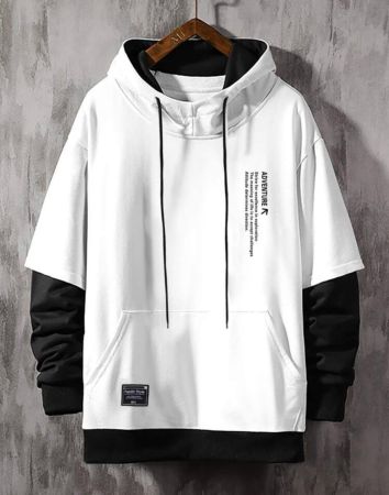 Manfinity Hypemode هودي رجالي واسع بتصميم شعار 2 في 1 مع جيب على شكل كنغر وسحاب, ياقة طويلة الأكمام ذات لونين أبيض, هدية مناسبة للأصدقاء والأزواج والأحباء