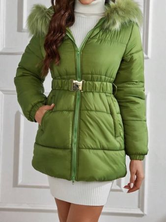 معطف نسائي من EMERY ROSE بغطاء رأس وحزام وخصر مطاطي - ملابس شتوية مبطنة مع حواف