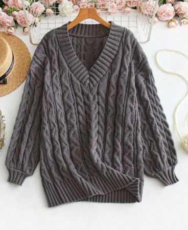 SHEIN LUNE كنزة صوفية كاجوال ذات رقبة على شكل حرف V بأكمام طويلة ، محبوكة ذات ملمس عصري