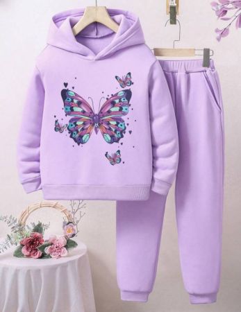 بنطلون رياضي وهودي بأكمام طويلة مع طباعة فراشة للفتيات المراهقات، طقم كاجوال من قطعتين