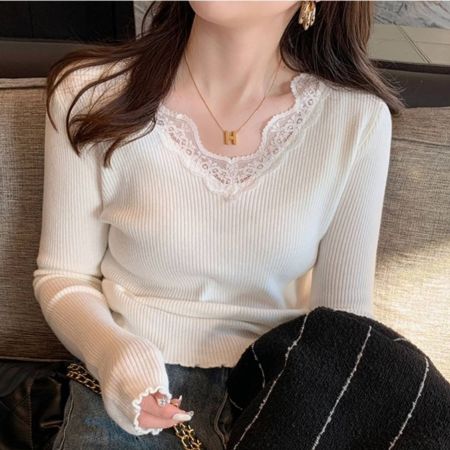 Livesso كنزة صوفية نسائية بياقة على شكل حرف V وتصميم ضيق وأكمام طويلة مصنوعة من الدانتيل والقطعة الملحقة، مناسبة للخريف