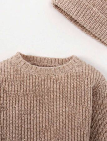 SHEIN للاولاد الاطفال موحدة اللون محبوك مضلع كنزة صوف & قبعة