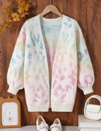 كارديجان أنيق وجذاب للفتيات المراهقات بأكمام فانوس وطبعة زهور أومبير جاكارد، طويل متوسط الطول، ناعم وعصري، مستوحى من الطبيعة، مناسب للارتداء اليومي والعطلات، جاكيت كنزة محبوك