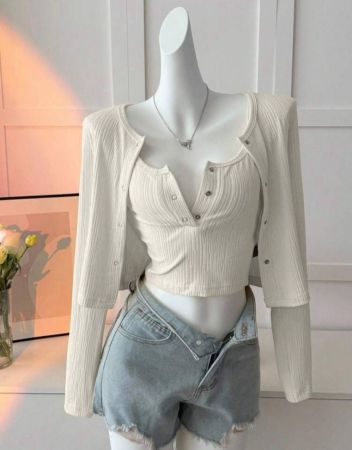 DAZY طقم ملابس علوية كروب وكارديجان للنساء، مناسب للخريف والربيع، 2 قطعة