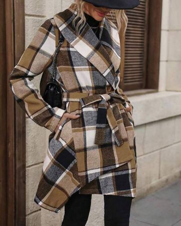 SHEIN LUNE معطف طويل الأكمام دافئ مخطط باللون الأصفر للشتاء