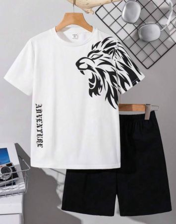 SHEIN مجموعة بيجامة صيفية مكونة من قميص تيشرت فضفاض بطباعة الأسد وشورت ريحة، مناسبة للفتيان المراهقين، 2 قطعة/طقم