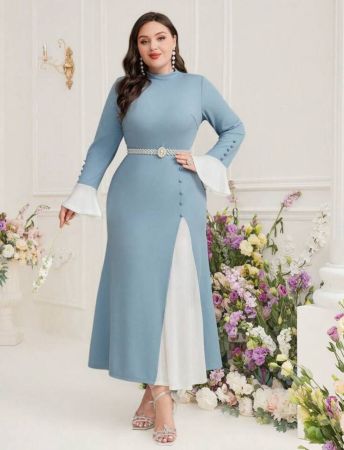 Modelyn فستان سهرة طويل للنساء المنتفخات ذو يقة عالية واكمام منفرجة بطراز عربي