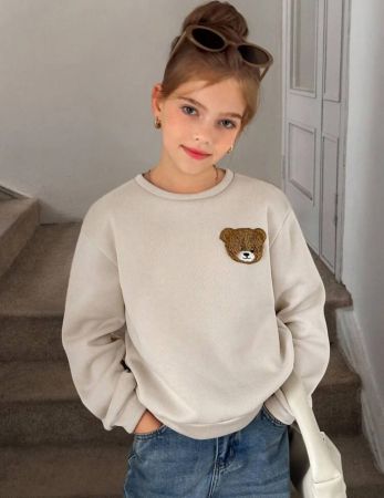 هودي كرتوني مريح بطبعة دب ديكورية للفتيات المراهقات، بتصميم مبسط وفضفاض وعملي، بلون بيج