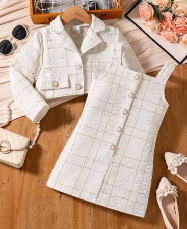 مجموعة من 2 قطعة لفتيات الأطفال : فستان قميص بتصميم المربعات + كارديجان بأكمام طويلة وأزرار ياقة متناسقة، أنيقة و عملية للخروج في فصلي الربيع والخريف