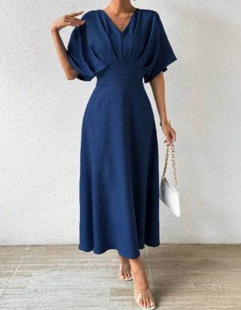 Chiquease فستان ماكسي بأكمام خفاش متجعد وياقة على شكل حرف V للنساء