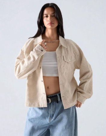 SHEIN EZwear معطف من الكوردروي مع جيب وأزرار أمامية بلون المشمش للخريف/الشتاء