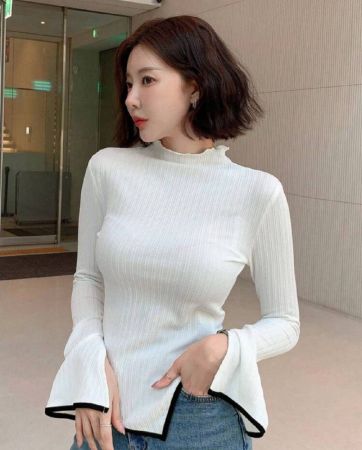 DAZY بلوزة نسائية بأكمام طويلة، ياقة مزيفة، أكمام منتفخة، حافة غير متماثلة