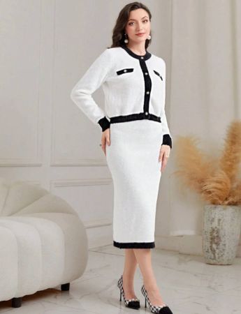 Modelyn مقلم متباين أزرار أمامية كارديجان & تنورة نحيل طقم