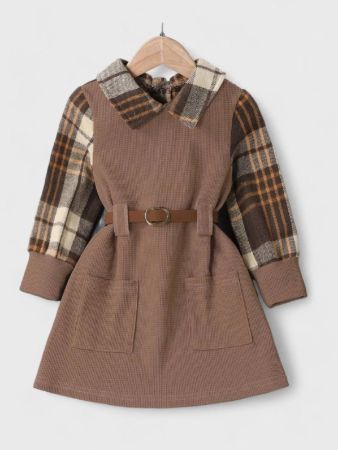 فستان  منقوش بنقشة الوافل للبنات الصغار (بدون حزام)