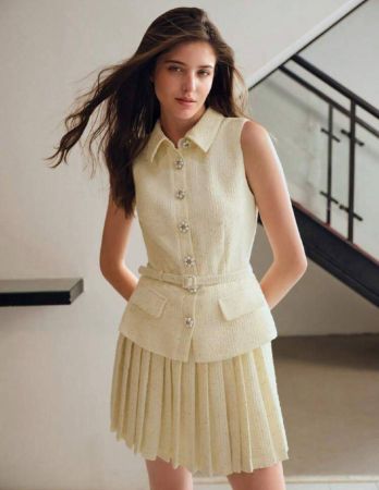 MOTF STUDIO فستان قصير بتفاصيل  (بدون حزام)وقلاب مزخرف بنمط التويد وغضن الذيل