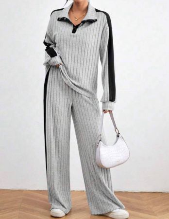 SHEIN LUNE مجموعة منسقة عادية مكونة من قطعتين، بلوزة فضفاضة باكتاف منسدلة رمادية اللون مع أكمام طويلة زائدة الطول، بنطال سروال رياضي ، أزرار، شريط جانبي، سحاب، ملابس نسائية عصرية مناسبة لارتداء في رمضان