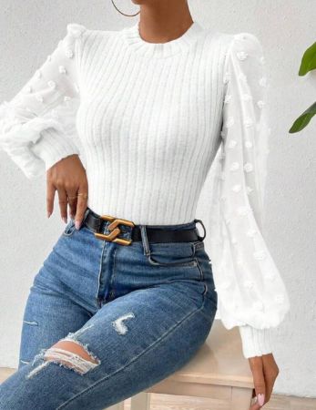 Chiquease قمصان نسائية بلون أوحد ذات رقبة دائرية مع تباين من الشبك، قمصان كاجوال بياقة رقبة عالية وأكمام بأشرطة، نسائية أنيقة بياقة عالية وأكمام قصيرة منتفخة، أبيض سادة للربيع والخريف