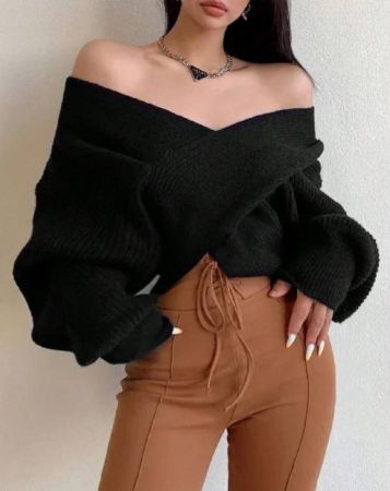 INAWLY كنزة صوفية صوف طويلة الأكمام بلون أحادي مبسطة مع تصميم متداخل - للارتداء اليومي العادي, كنزة صوفية طويلة الأكمام