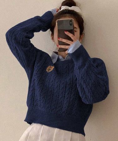 DAZY كنزة صوفية نسائية كاجوال بياقة طاقم مطرزة بحرف للخريف والشتاء، بأكمام طويلة وقصيرة الأعلى