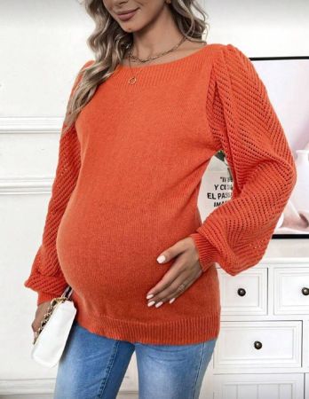 SHEIN فستان كنزة صوفية مناسبة للحمل باللون الأحادي بتصميم رقبة دائرية، محبوك بتصميم متفرغ ومرقع ، رسمي للاستخدام في فصل الشتاء