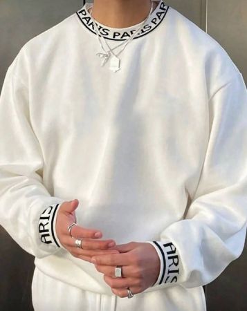 Manfinity Homme قميص ثقيل رياضي بياقة طاقم للرجال بتفاصيل حرفية ، مزين بشريط منسوج ، أكمام طويلة ، للخروج أو لارتداء اليومي ، هدية مناسبة للأصدقاء والأزواج والأصدقاء الأعزاء