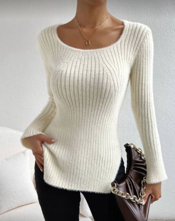 SHEIN Frenchy كنزة  ضفيرة بقصة عنق عميق وسحاب في الأسفل، قمصان بأكمام طويلةض