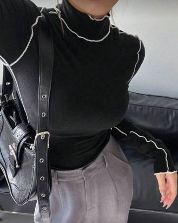 DAZY ملابس علوية تي شيرت بياقة نصف سلحفاة وأكمام طويلة، ملابس خريفية ذات طراز بريبي