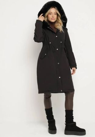 جاكيت باركا أسود طويل مع أربطة وفرو قابل للفصل من ديلانيرا