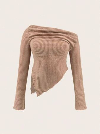 SHEIN ICON تي شيرت تجاعيد ياقة غير متماثل مقلم نمط نبات الخس مقاس كبير