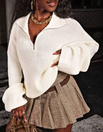 SHEIN Slayr كنزة صوفية كاجوال كبيرة الحجم للنساء ذات موحد اللون مع أكمام طويلة وسحاب على الكتف