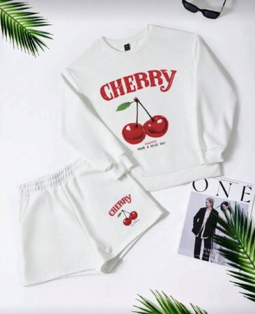 Slaydiva طقم بلوزة فضفاضة بنمط الكرز العادي البسيط مناسب للنساء 2قطعة، مناسب للربيع والخريف