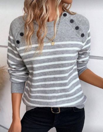 SHEIN LUNE كنزة صوفية صوفية بأكمام راجلان مزينة بأزرار وبطراز متعدد الخطوط، ملابس علوية بأكمام طويلة