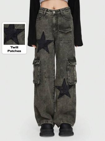 بنطلون جينز ROMWE Grunge Punk Star Pattern Flap Pocket Cargo Boyfriend، للمدرسة