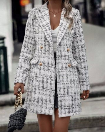 SHEIN Clasi معطف نمط مربع النقش صف ازرار مزدوجة تويد