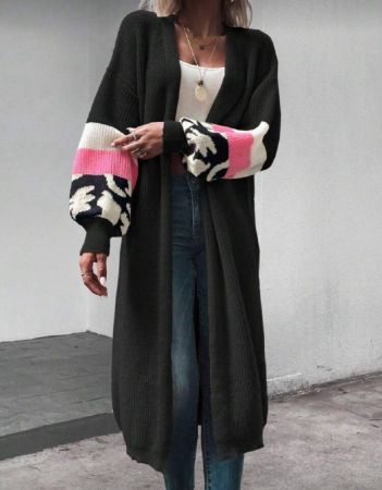 EMERY ROSE كاردجان طويل بأكمام طويلة وكتف متساقط بتصميم قطع اللون