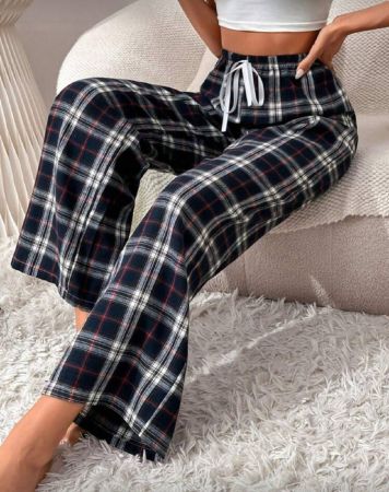 بنطلون نوم بخصر ربطة بطبعة المربعات، للخريف