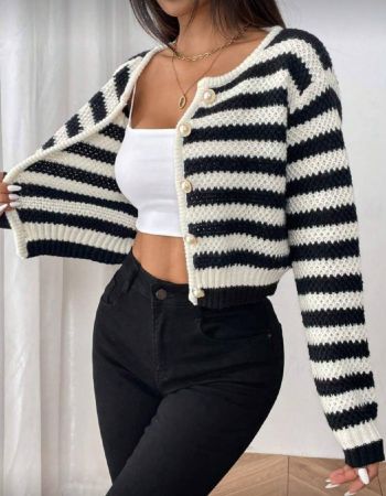 SHEIN PETITE كارديجان مخطط كاجوال للنساء،ملابس علوية بأكمام طويلة