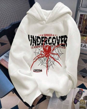 Manfinity Hypemode بلوزة ذات قبعة ضخمة وسميكة للاطفال باللون الأبيض، هودي بأكمام طويلة برسومات رياضية حضرية