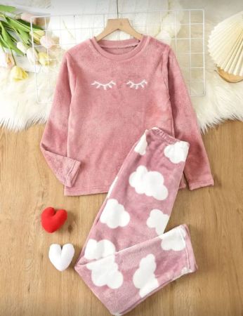 بنت طفل رموش عين مطرز فانيلا لباس علوي & بطباعة سحب بنطلون طقم بيجامة