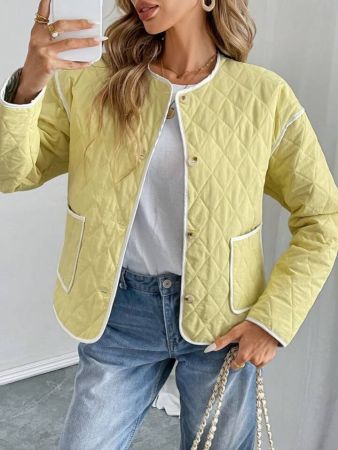 معطف تشيكيز خفيف الوزن مبطن ثنائي اللون برقبة دائرية وجيوب أمامية وأزرار للنساء