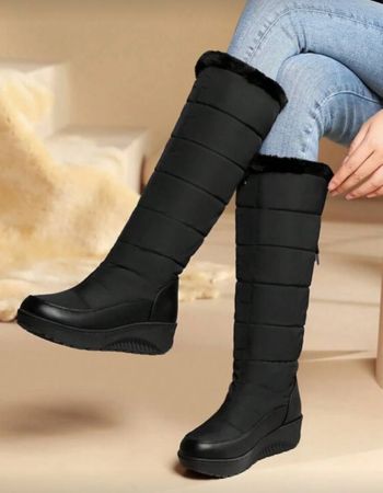 حذاء ثلج نسائي مقاوم للماء على الطراز الأوروبي لشتاء 2025 بكعب سميك وبطانة حرارية، أسود