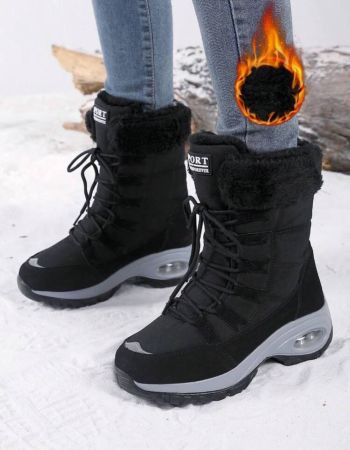 حذاء ثلج نسائي يصل إلى منتصف الساق مع بطانة سميكة وحرارية وتصميم مضاد للانزلاق للمناطق الثلجية الشتوية والتزلج في الهواء الطلق